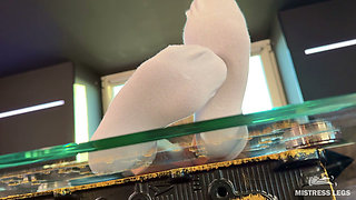 My Sunny Pantyhose Soles Teasing You on the Glass Table