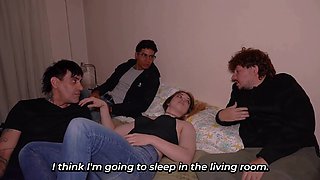 Inked teen fucked from two sides by hubby and his best friend