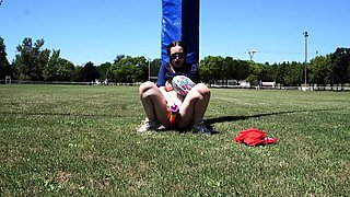 Amateur busty brunette masturbates and does hand job