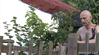 Old granpa pleases teen girl in the fields