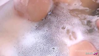 Blonde Step-Sister with Saggy Tits and Hairy Pussy caught masturbate in Bathtube and seduce to Risky Fuck