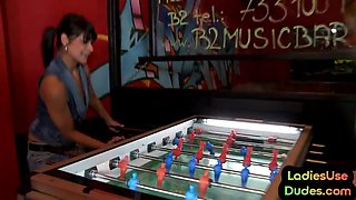 Cutie hot famme pigging loser at bar with bottle