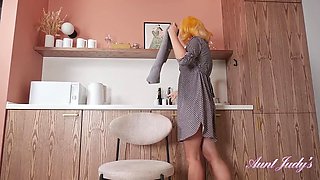 Foxy Polishes the Glassware and Strips Off Polka-Dot Dress to Masturbate