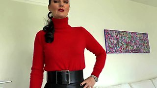 Bossy brunette MILF Lady Victoria Valente watches you pleasure yourself during lunch break in sexy leather