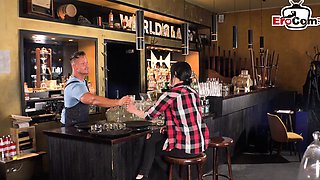 German slut does handjob with a strange man