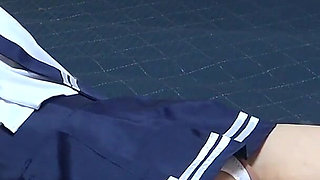 No Bra Apron-style Miniskirt Student Uniform, Micro Thong Wedgie, Socks, Skinny Cute Japanese Girl's Sexy Room Fitness