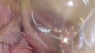 Very Close Spread Pussy Fucking with Dildo and Glass