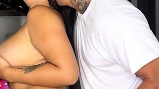 Roommate fucks me hard in the kitchen, what a delicious cum