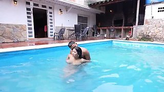 Stepdad Teaches Stepdaughter to Swim Naked - Busty Latina Daddies Huge Cock in Pool