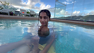Busty India Gives an Amazing Blowjob in the Hotel Pool to Everyone's Glass- Yasmina Khan