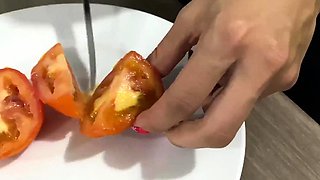 Food Fetish eating my papaya catched for my stepsister