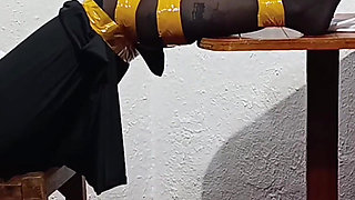 Tied with Plastic Tape Gagged with a Heel on the Face and Being Masturbated with a Toy