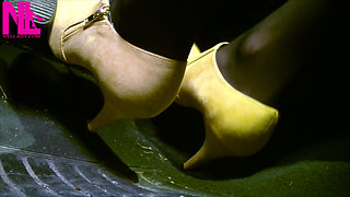 Soft Revving in Yellow Boots and Black Pantyhose