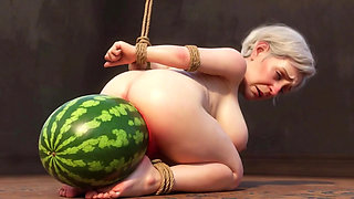 Old Granny Bound with Huge Watermelon in Ass - Hurt & Orgasm