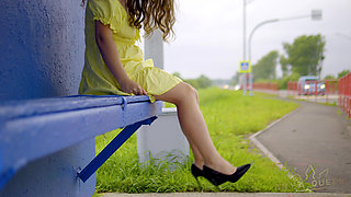 128 Subtle Outdoor Flirting with Passing Drivers at a Bus Stop. Do You Like My Legs? 60fps