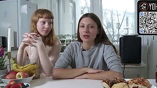 Redhead and dark haired lezzy play in kitchen with vagina