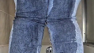 Desperate for Wee in the Bathroom Pissing in My Blue Jeans