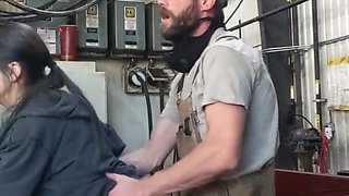 Quickie on a factory with a naughty brunette wife without taking off the clothes