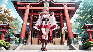 Red & White Miko! Forbidden Encounter at the Shrine, Golden Hair Trembling Under Sacred Robes, From Solemn Kneel to Blurry Gaze