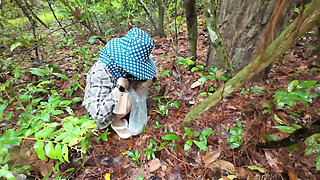 Thai Girls Walking and Talking and Picking Mushrooms in the Forest, Secretly Showing in the Deep Forest Clear Thai Voice