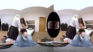 Busty platinum-blonde and dark-haired sisters in stockings