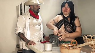 Kitchen hot fuck with curvy brunette Mexican MILF with huge creampie