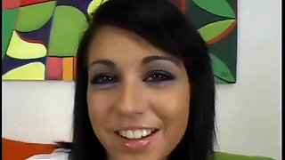 Black-haired chick gives head and licks cum off her fingers