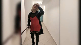 Walk in Parking House, Blonde in Overknee Boots, Red Pvc Dress and Long Leather Coat
