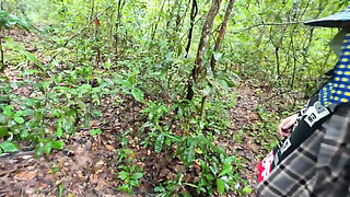 Thai girls walking and talking and picking mushrooms in the forest, secretly showing in the deep forest Clear Thai voice