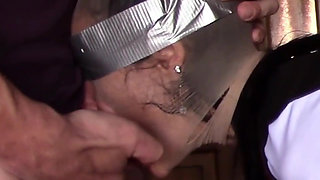 Hooded in Nylon, Blindfolded with Duct Tape, Facialized, and Cummed in Mouth