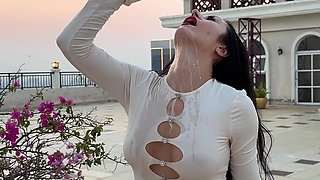 Outdoor Pussy Flashing, Pee in the Glass, Spit, Ahegao, Fake Cum on My Tits & Body