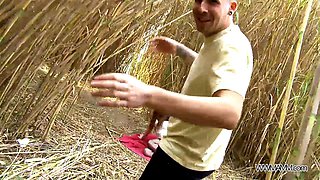 Huge facial cumshot in fields to chesty chunk of girl
