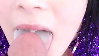 Brunette teen Noelle Easton POV blowjob and cum swallow