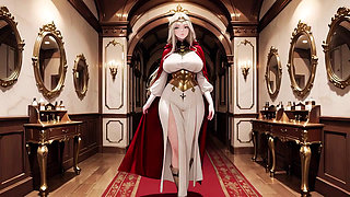 Languid Reading in a Gothic Library, White Robe and Red Cape, Hand Resting Gracefully with Half-closed Eyes.