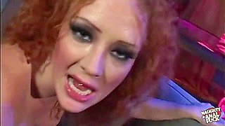 Busty Redheaded Stripper Satisfies Her Two Guests By Letting Them Use Her Ass For Dp