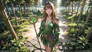 Green Elf in the Forest Secret! Kneeling Gaze Under Dappled Sunlight, a Dreamy Tease with Fingertips Touching Her Lips