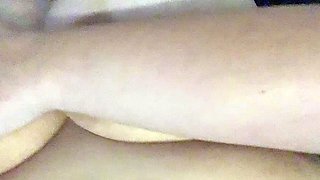 Busty curly brunette with big boobs fucks on couch
