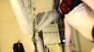 Brunette enjoys the toy on gaping pussy while masturbating