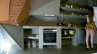 MILF Stepmom on high heels and in a mini skirt uniform type of short skirt no panties shows pussy and big ass