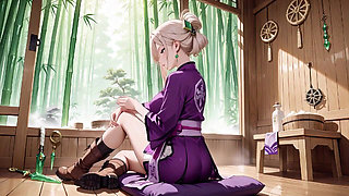 Purple Kimono Warrior! Forbidden Teasing in the Japanese Dojo. Kneeling with a Lifting Her Hem to Reveal Secrets.