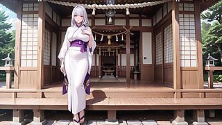 Silver-haired Miko Shrine Secrets! Half-unbuckled White Kimono, Getting down on all fours Poses and Mighty Eye Contact.