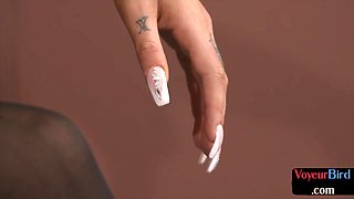 Teasing femina seduces stroking guy in meeting room