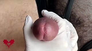 Amateur German Handjob with White Latex Gloves - Big Cock Close-Up & Squirting Sperm