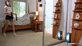 Asia Rivera is a naughty babysitter who gives us a panty show and fucks an older married man for a creampie.