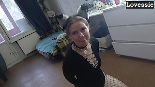 Sexy Kitty Eats From a Bowl and Licks Her Master's Feet - Lovessie
