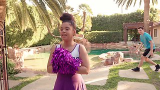 Brunette babe in cheer pants gets double oral pleasure outdoors by hunky archers