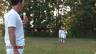 Sara Saijos steamy JAV session outdoors featuring her alluring charm in hot group fun