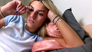 Slutty amateur blonde smoking and jerking dick