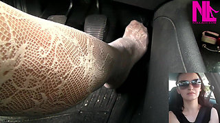 Driving and Pedal Pumping in White Embroidered Stockings