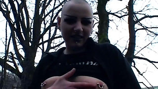 Shaved Head Babe Spreads Pierced Pussy Dripping Cream